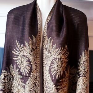 Gorgeous Cashmere Brown & Beige Regal Floral Design Wrap Scarf 70" Length